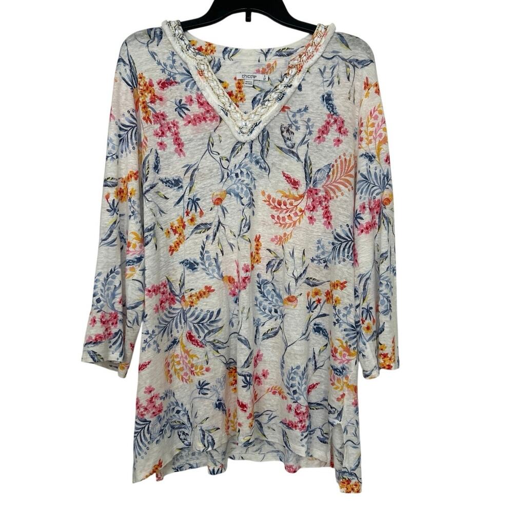 Chicos Linen Floral Embellished Tunic Top Coastal Resort Summer Boho 3/XL